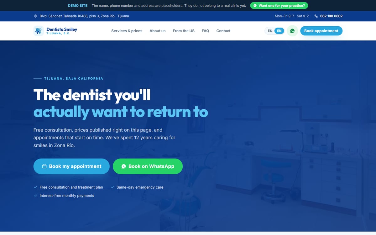 Sitio de Dentista Smiley mostrando las versiones en español e inglés