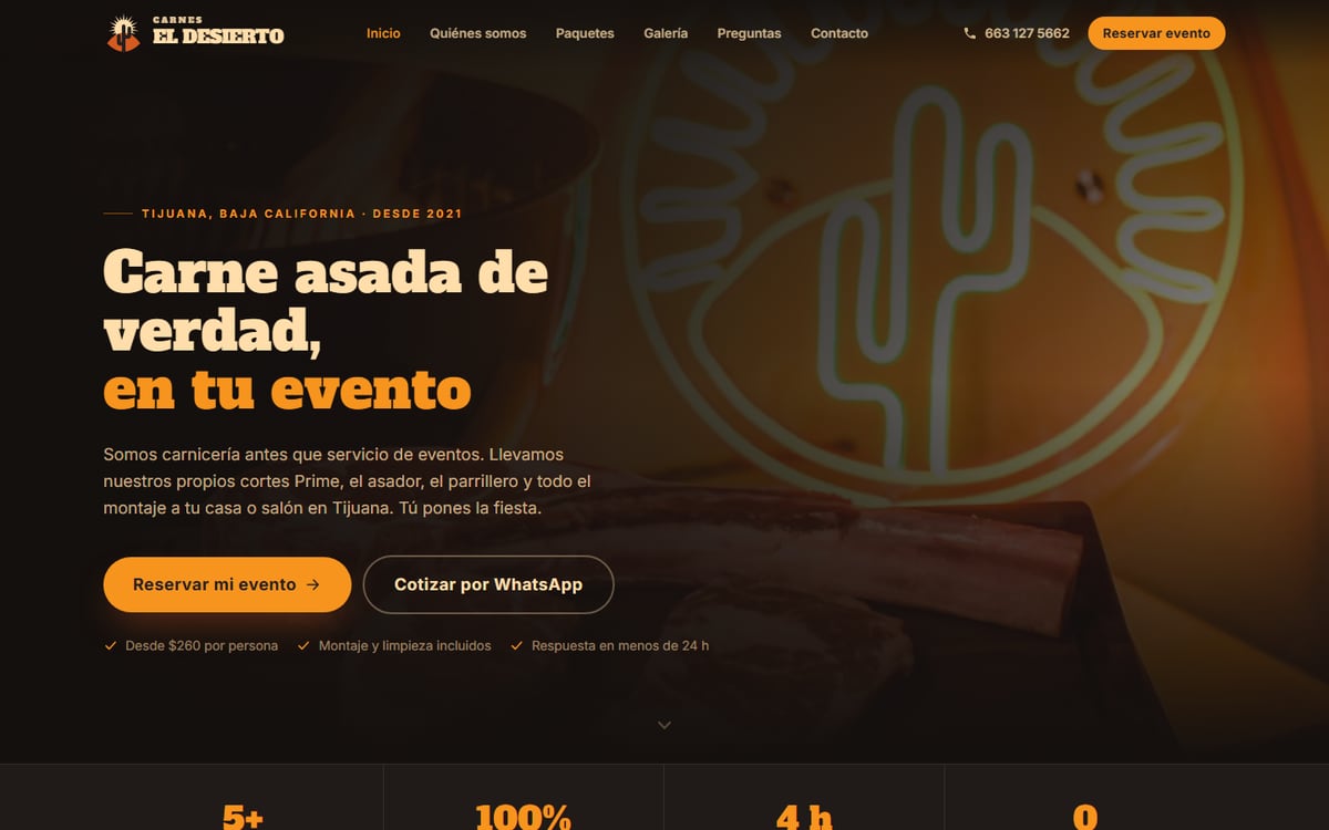 Página de inicio de Carnes El Desierto vista en computadora y celular
