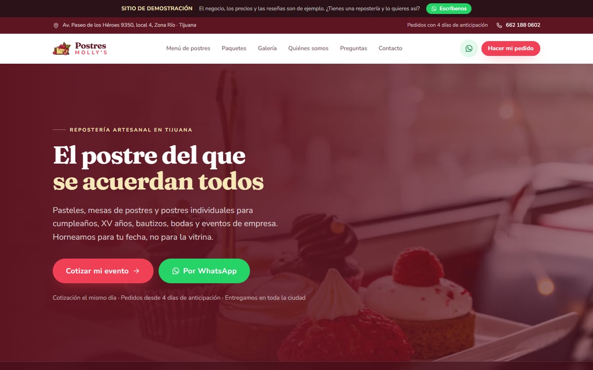 Cotizador en línea de Postres Molly's visto en un celular